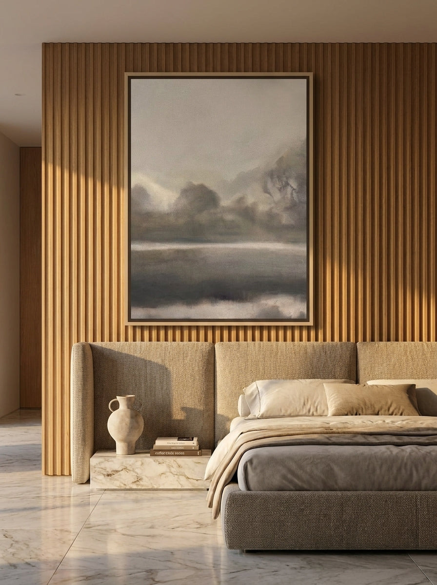 Oversized statement canvas wall art with a natural timber surround styled on the wall in a luxe bedroom