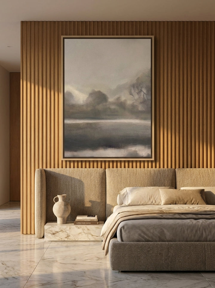 Oversized statement canvas wall art with a natural timber surround styled on the wall in a luxe bedroom