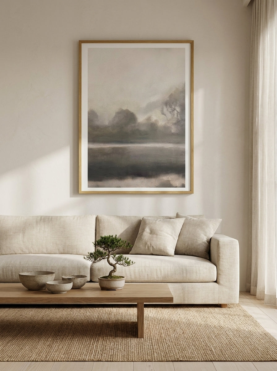 Modern wall art print styled on the wall in a warm Japandi living room