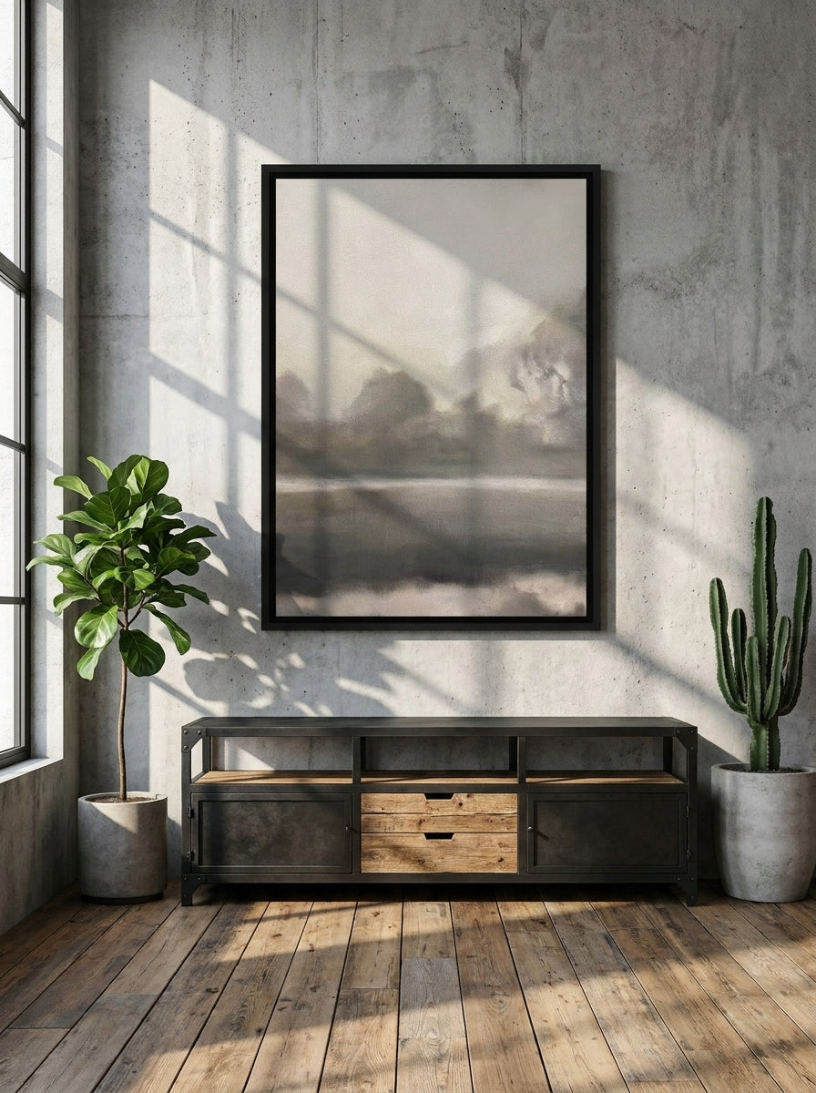 Canvas wall art with a black surround styled on the wall in an industrial loft living room