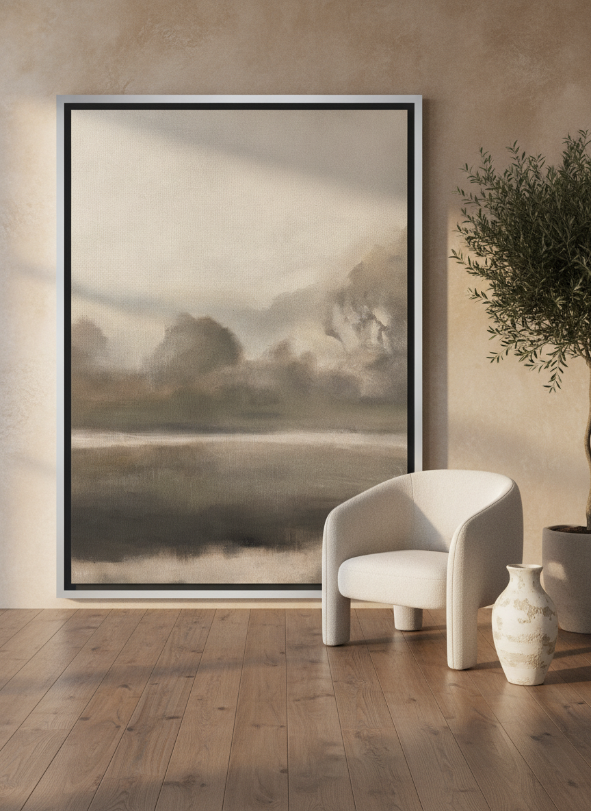 Oversized statement canvas wall art with a silver leaf surround leaning against the wall in a luxe living room