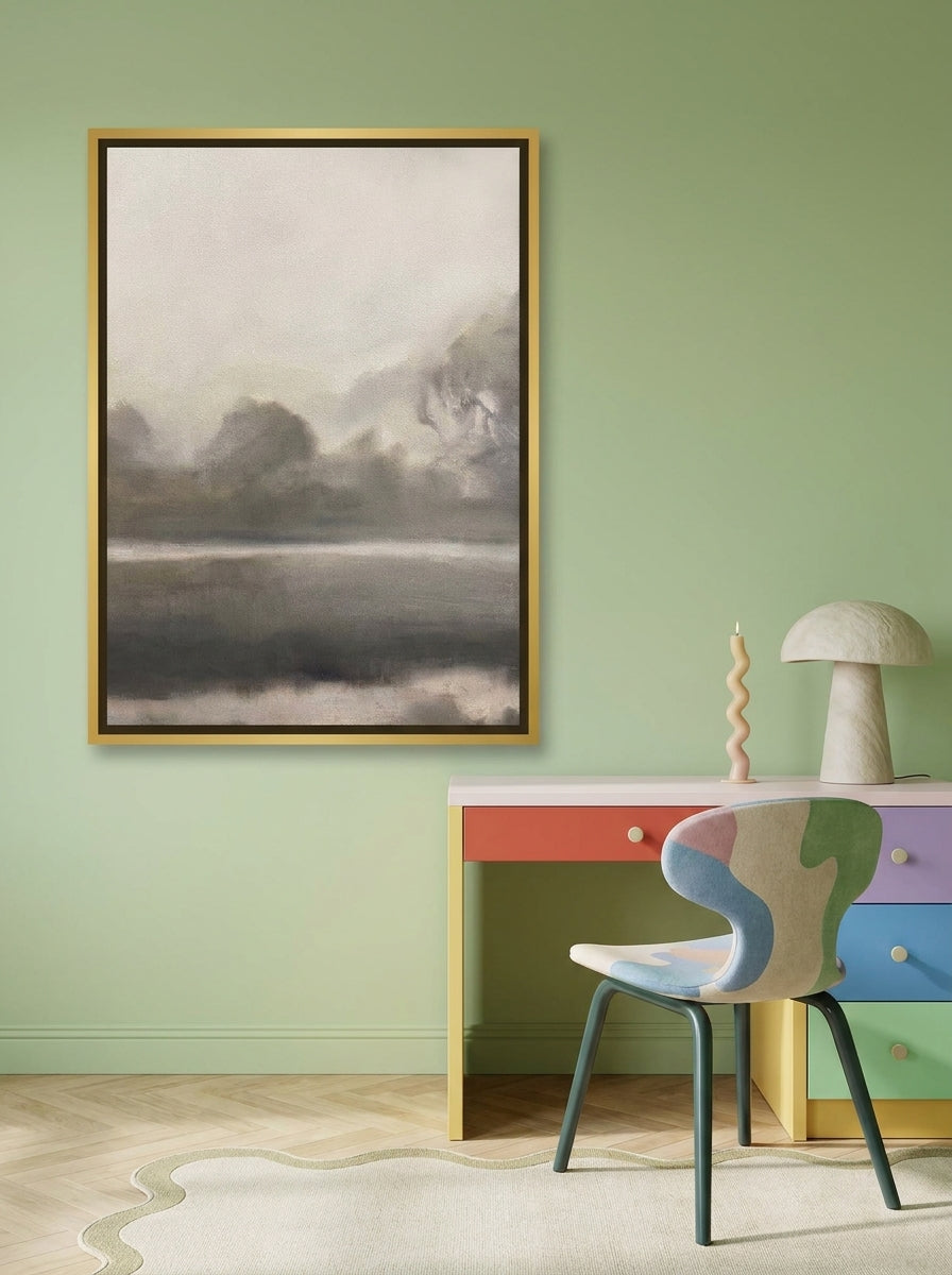 Canvas wall art with a gold leaf surround styled on the wall in a colourful eclectic home office