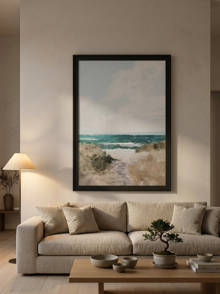 Oversized statement modern wall art print styled on the wall in a warm Japandi living room