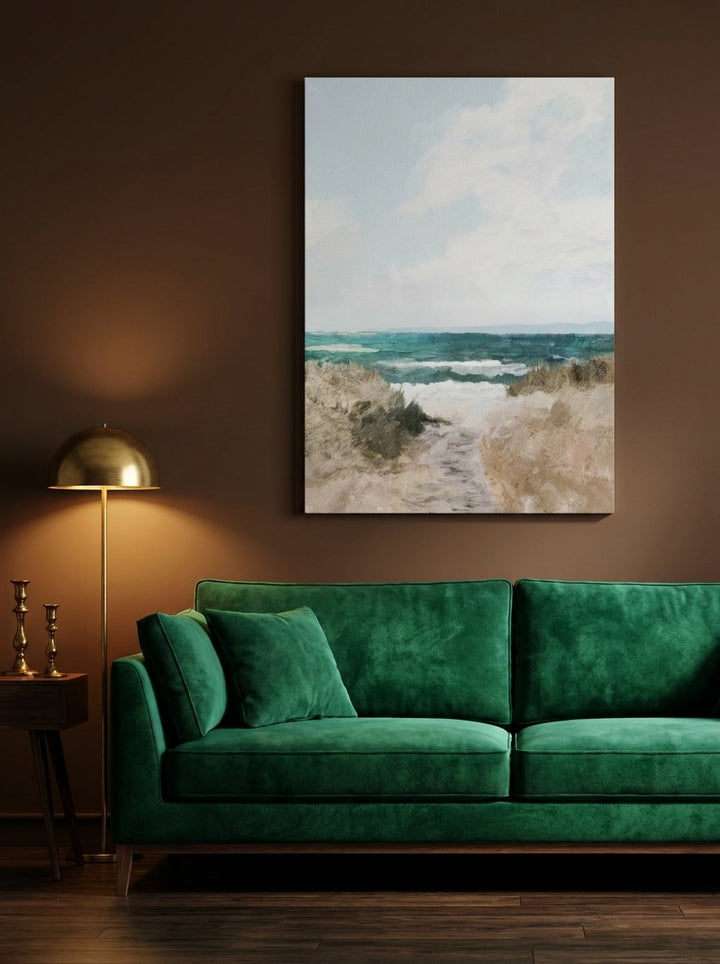 Stretched canvas wall art styled on the wall in a moody living room
