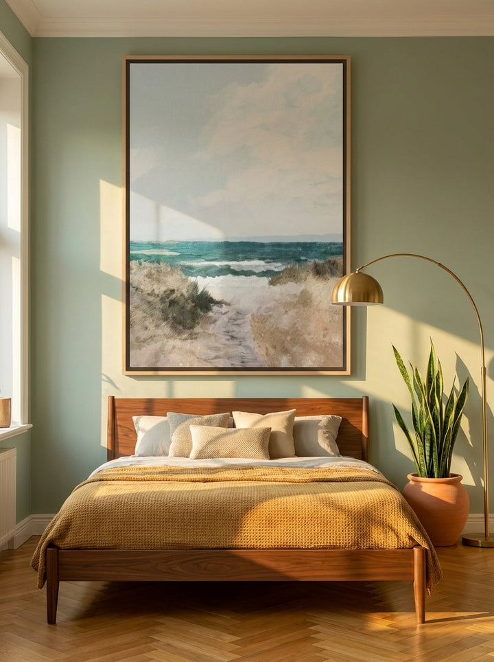 Oversized statement canvas wall art with a natural timber surround styled on the wall in a mid-century bedroom