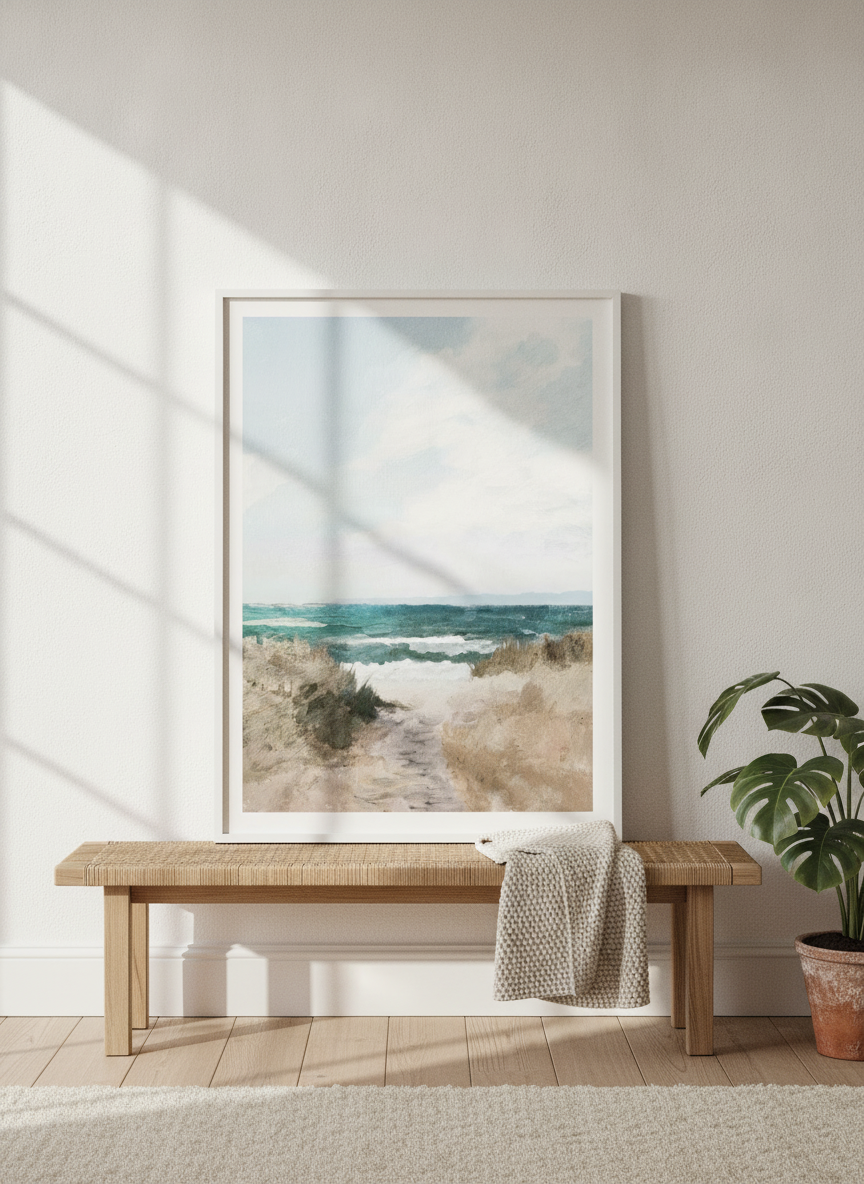 Modern wall art print standing on a bench in a bright Scandinavian bedroom