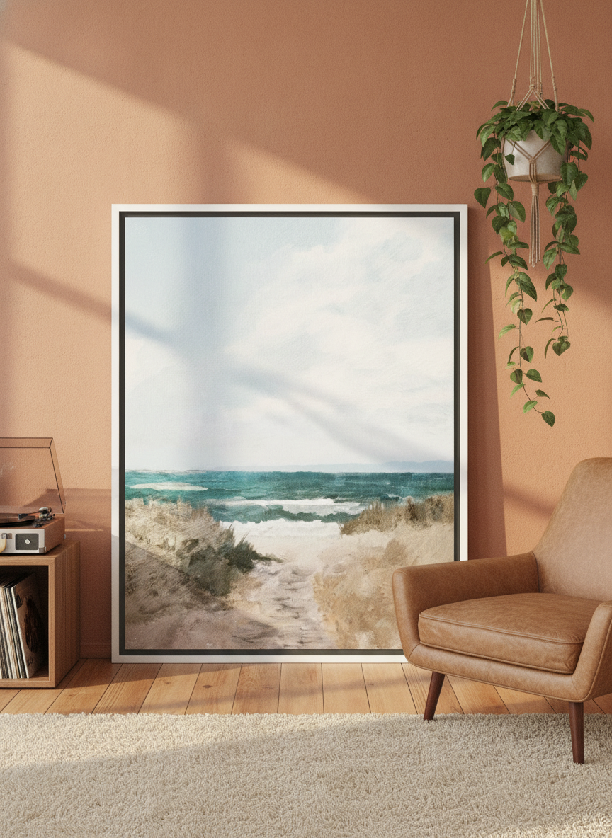 Canvas wall art with a white surround leaning against the wall in a retro 70s home office