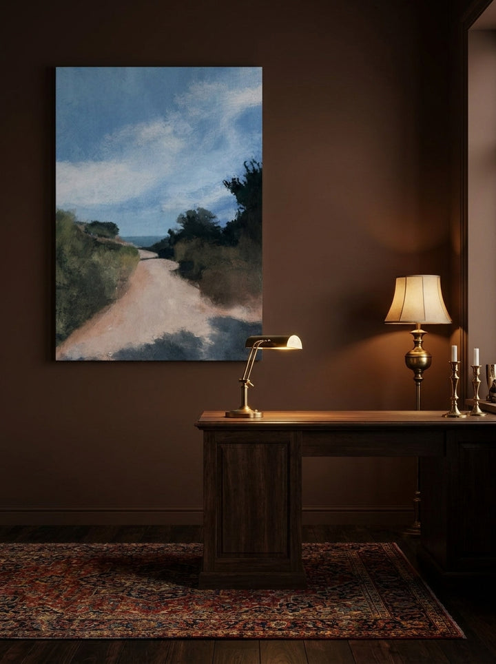 Stretched canvas wall art styled on the wall in a moody home office