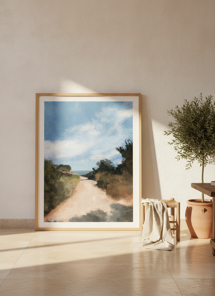 Oversized statement modern wall art print leaning against the wall in a Mediterranean dining room