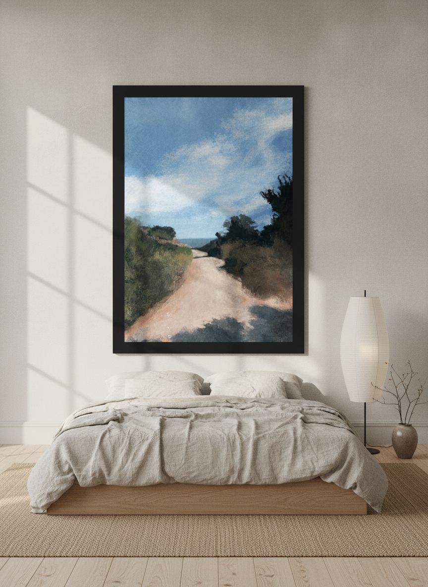 Oversized statement modern wall art print styled on the wall in a warm Japandi bedroom
