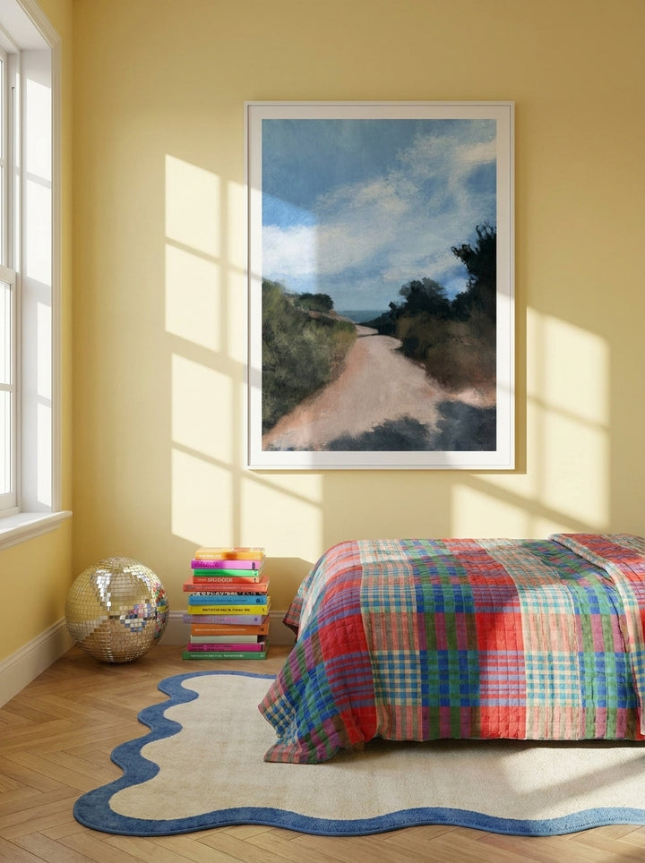 Modern wall art print styled on the wall in a colourful eclectic bedroom