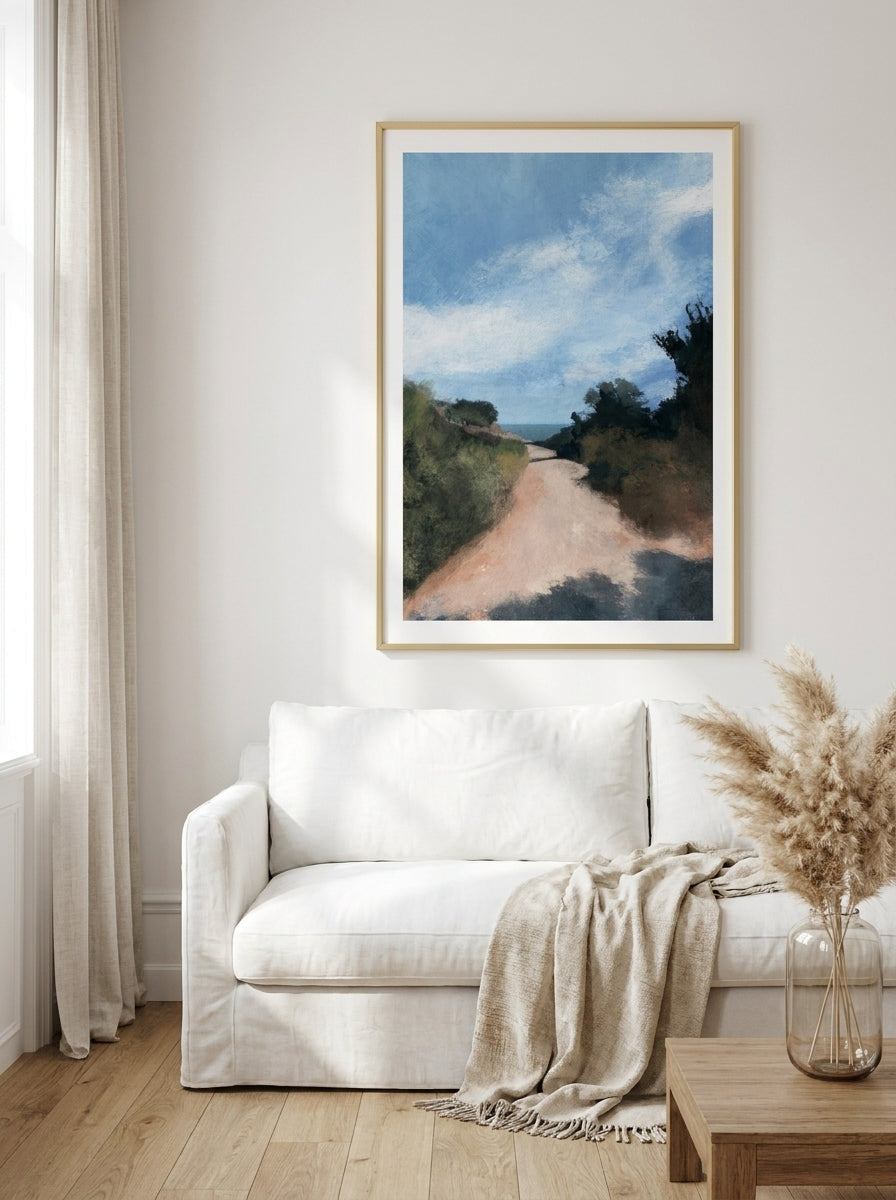 Modern wall art print styled on the wall in a coastal living room