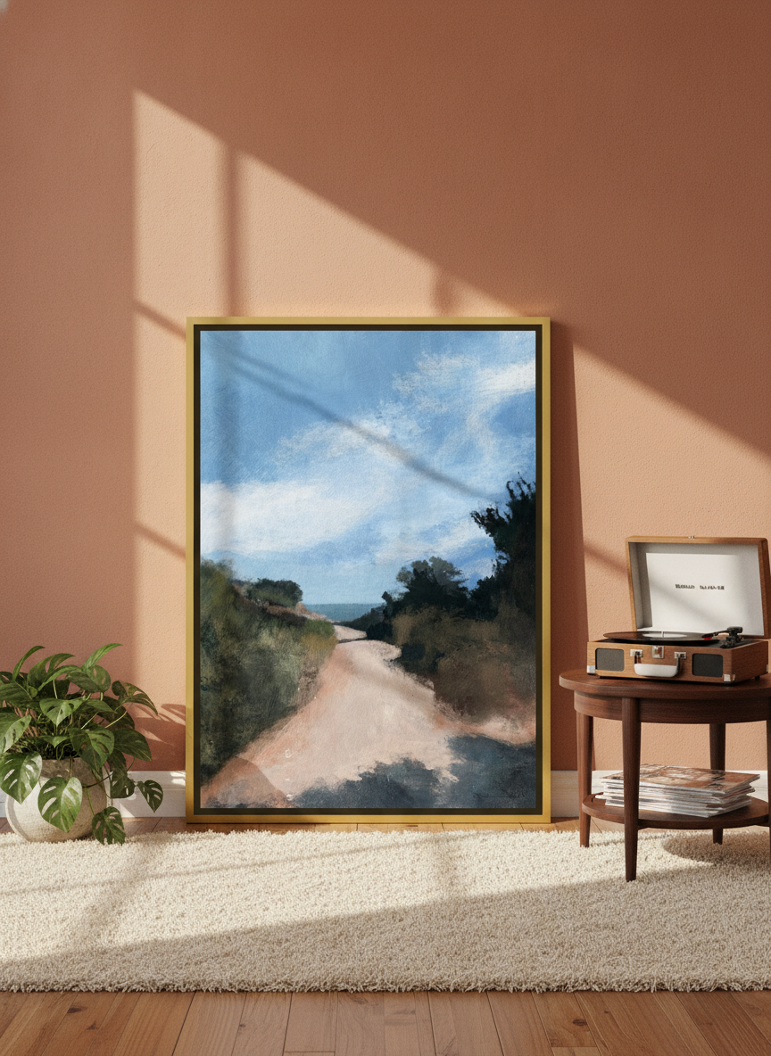 Canvas wall art with a gold leaf surround leaning against the wall in a retro 70s home office