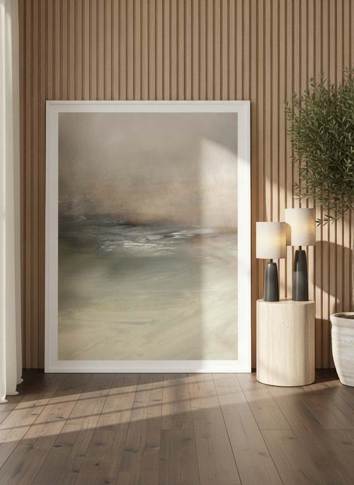 Modern wall art print leaning against the wall in a luxe living room