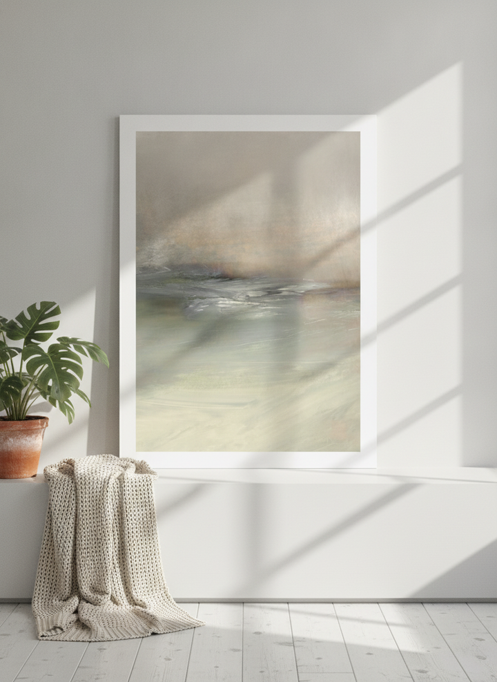 Modern wall art print standing on a sideboard in a bright Scandinavian bathroom