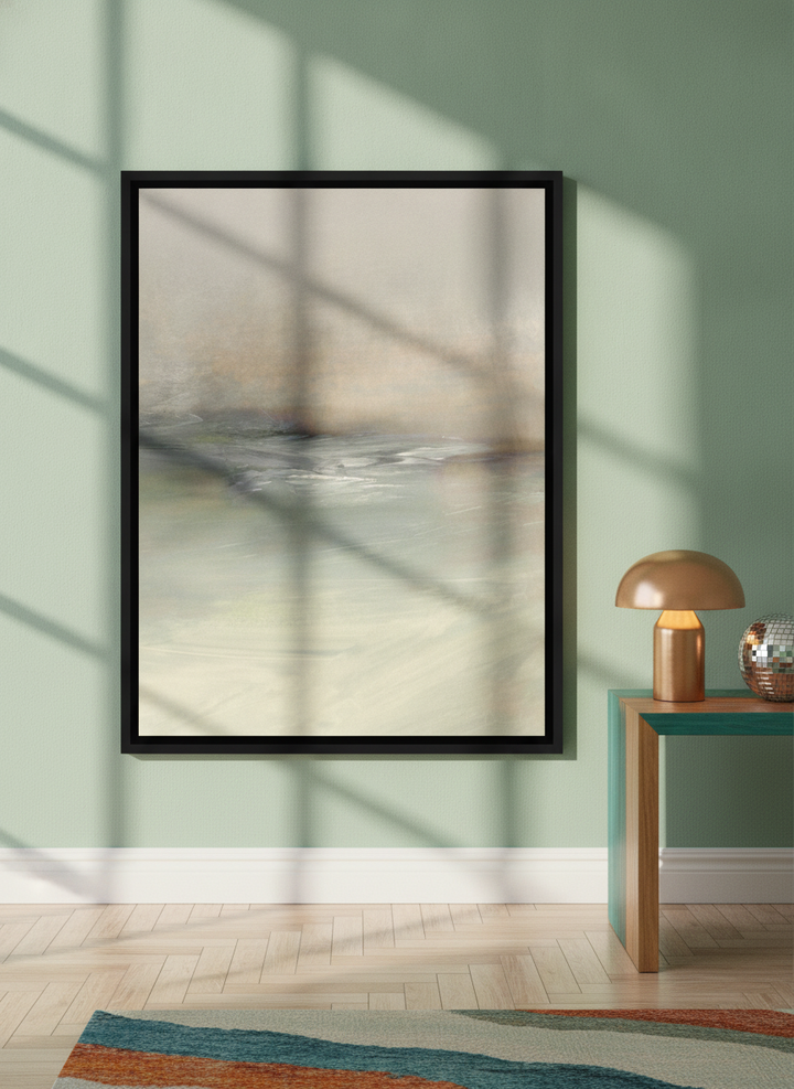 Canvas wall art with a black surround standing on a side table in a colourful eclectic home office
