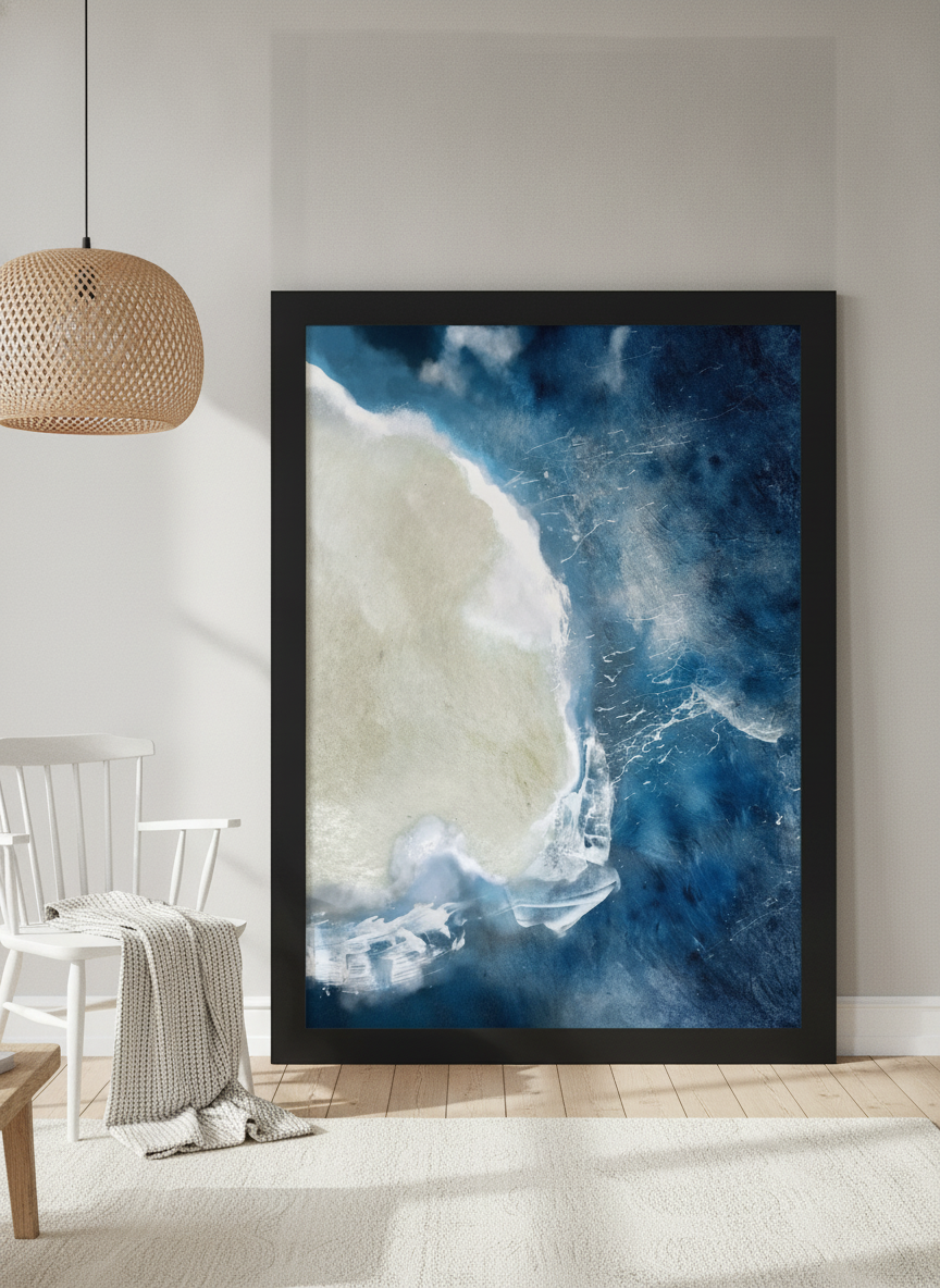 Oversized statement modern wall art print leaning against the wall in a bright Scandinavian living room