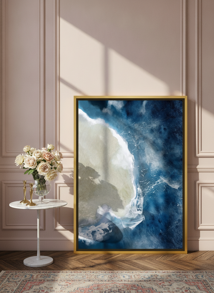 Canvas wall art with a gold leaf surround leaning against the wall in a Parisian bathroom
