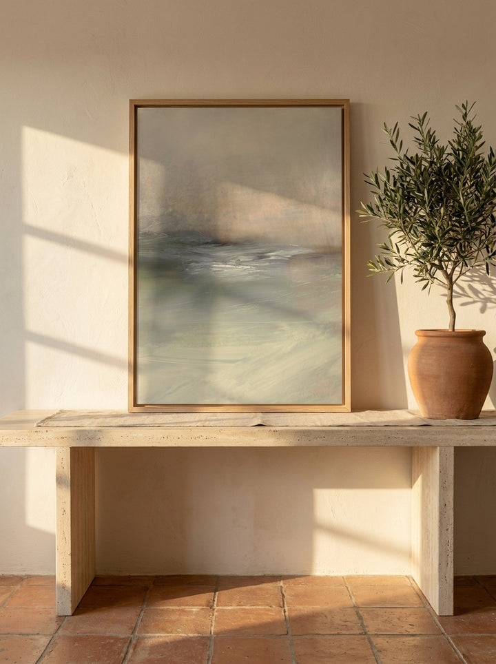 Modern wall art print standing on a console in a Mediterranean home office
