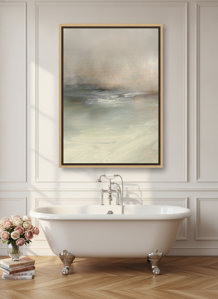 Oversized statement canvas wall art with a natural timber surround styled on the wall in a Parisian bathroom