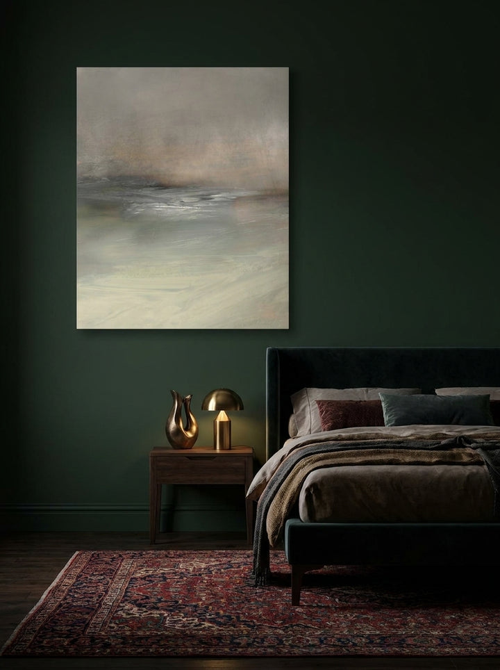 Stretched canvas wall art styled on the wall in a moody bedroom