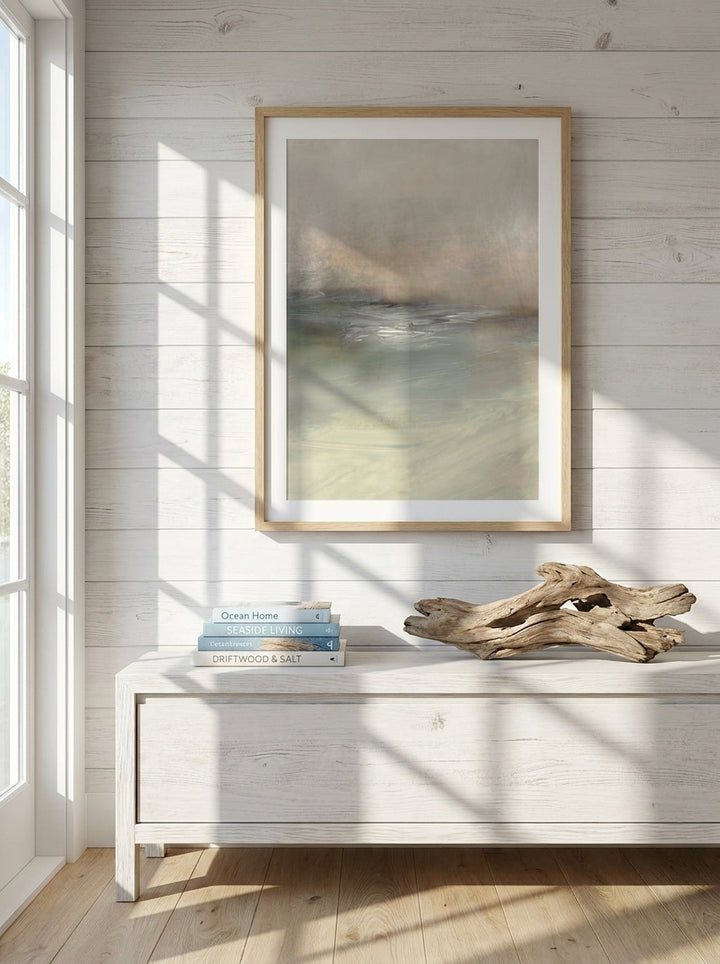 Modern wall art print styled on the wall in a coastal living room