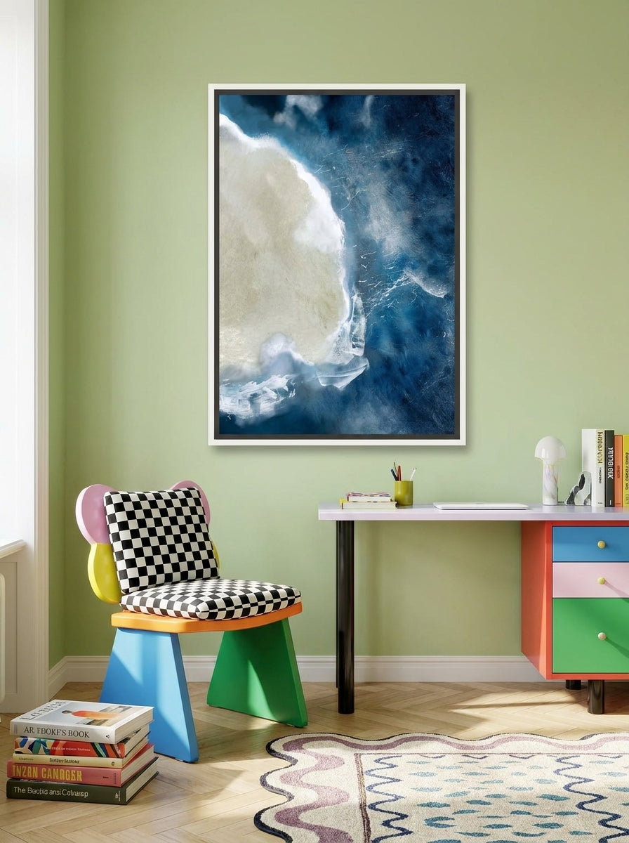 Canvas wall art with a white surround styled on the wall in a colourful eclectic home office