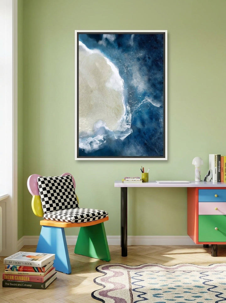 Canvas wall art with a white surround styled on the wall in a colourful eclectic home office