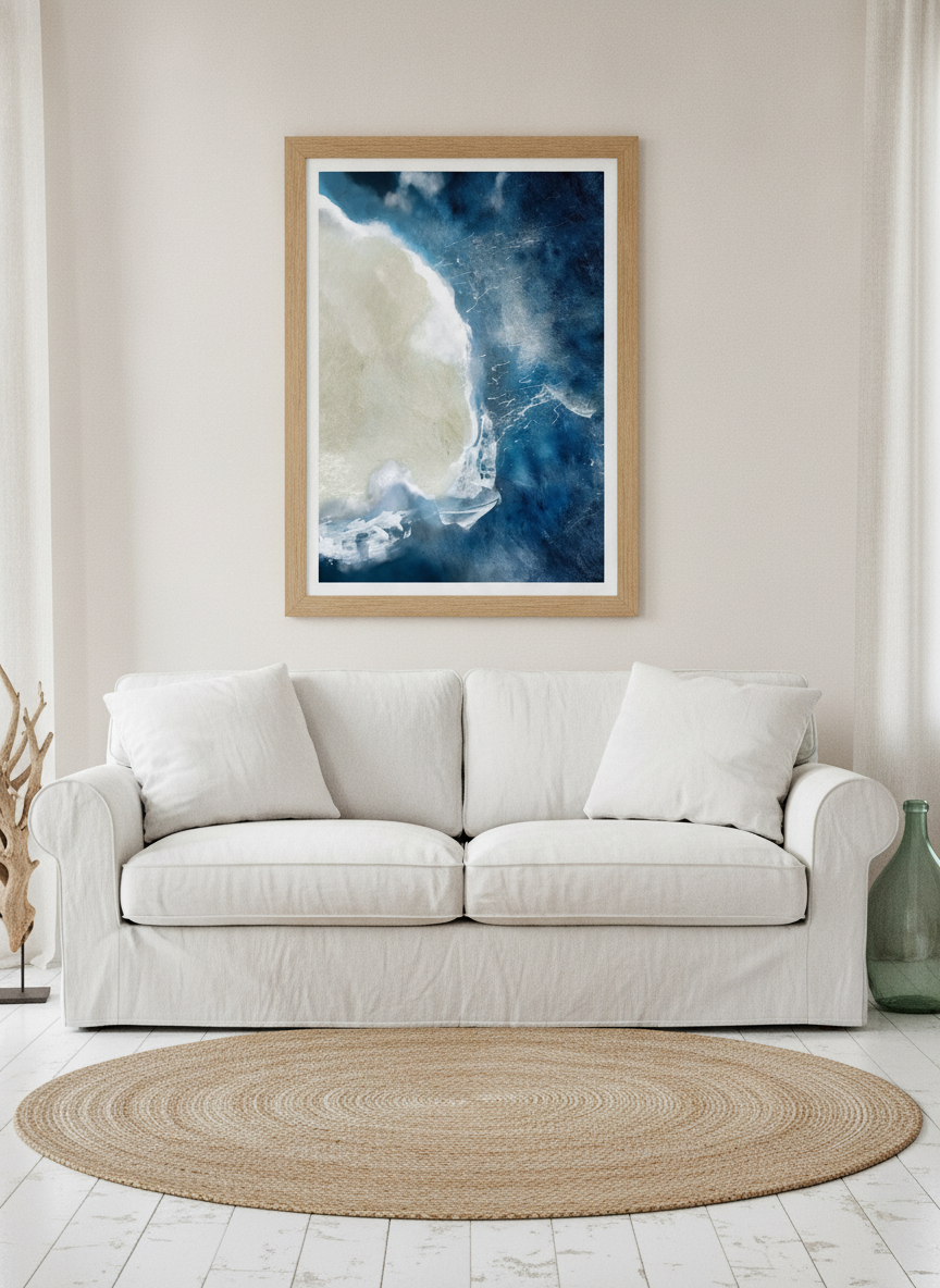 Modern wall art print styled on the wall in a coastal living room