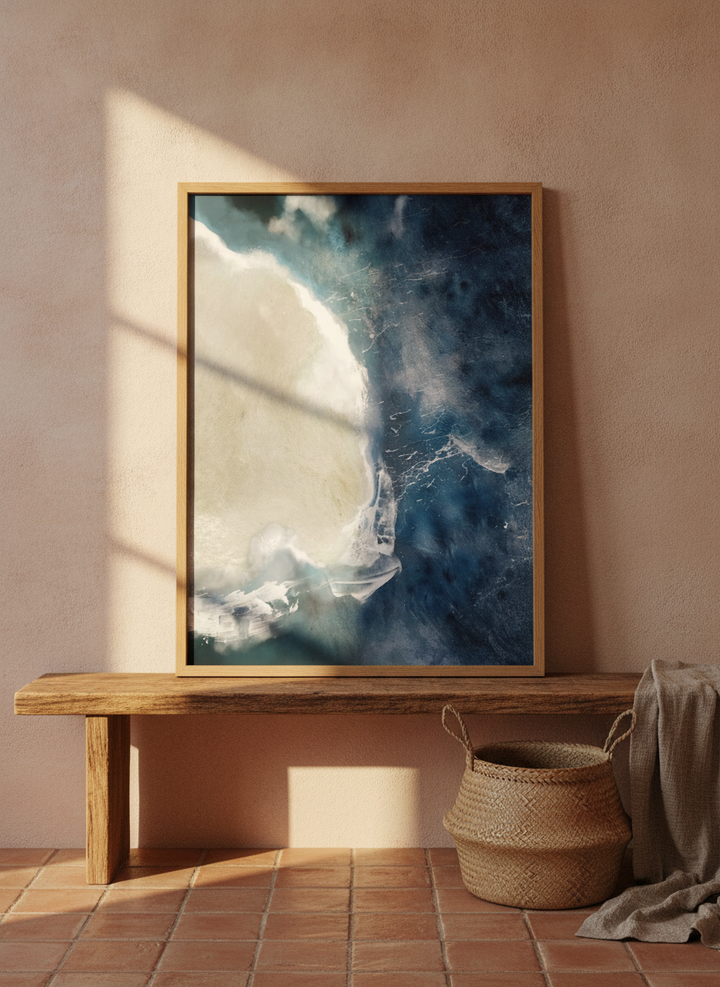 Modern wall art print standing on a bench in a Mediterranean home office