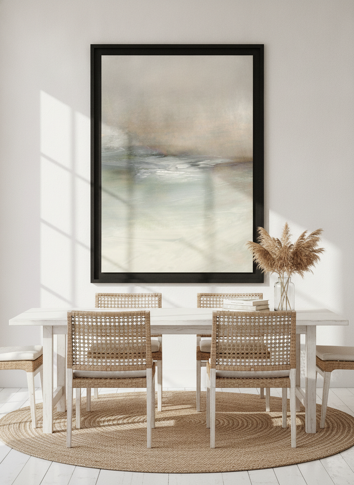 Oversized statement modern wall art print styled on the wall in a coastal dining room
