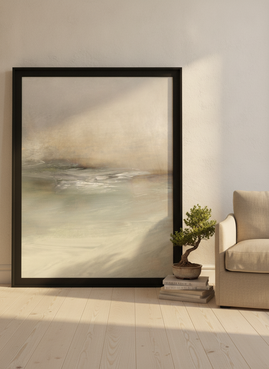 Oversized statement modern wall art print leaning against the wall in a warm Japandi bedroom