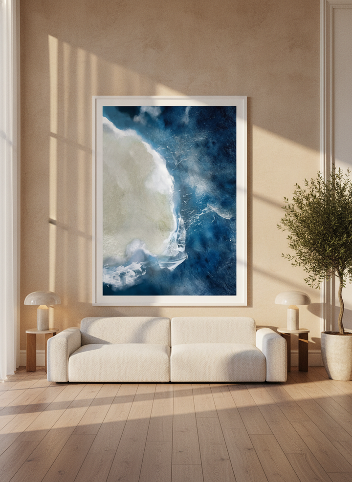 Oversized statement modern wall art print styled on the wall in a luxe living room