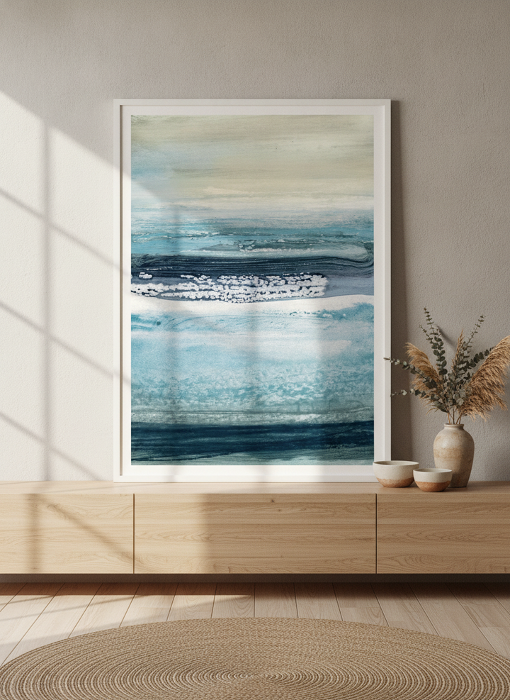 Modern wall art print standing on a sideboard in a warm Japandi bathroom