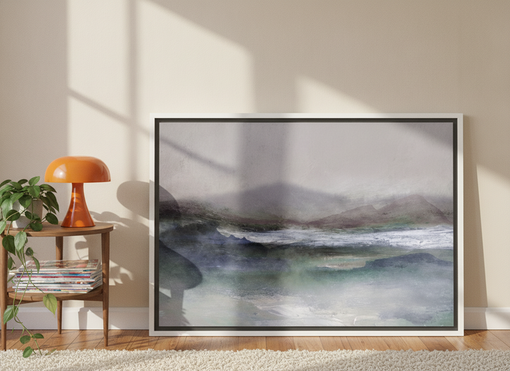 Canvas wall art with a white surround leaning against the wall in a retro 70s bedroom