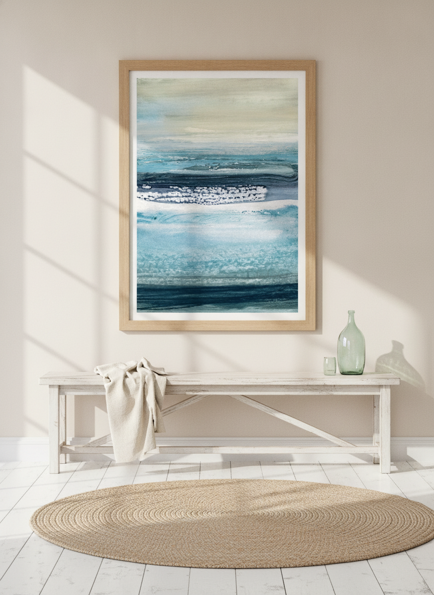 Modern wall art print styled on the wall in a coastal living room