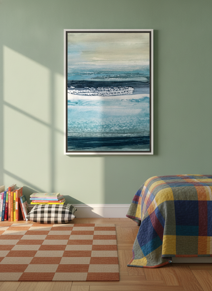 Canvas wall art with a white surround styled on the wall in a colourful eclectic bedroom