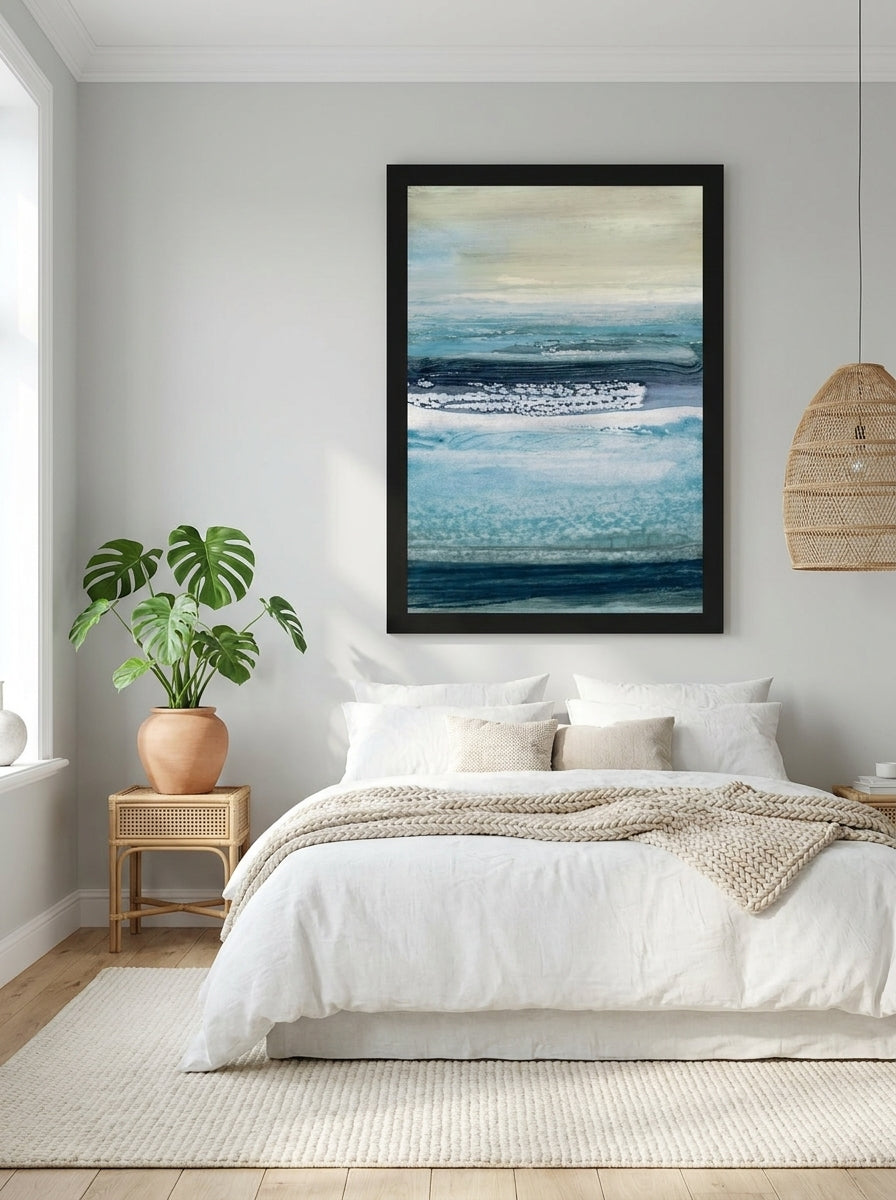 Oversized statement modern wall art print styled on the wall in a bright Scandinavian bedroom