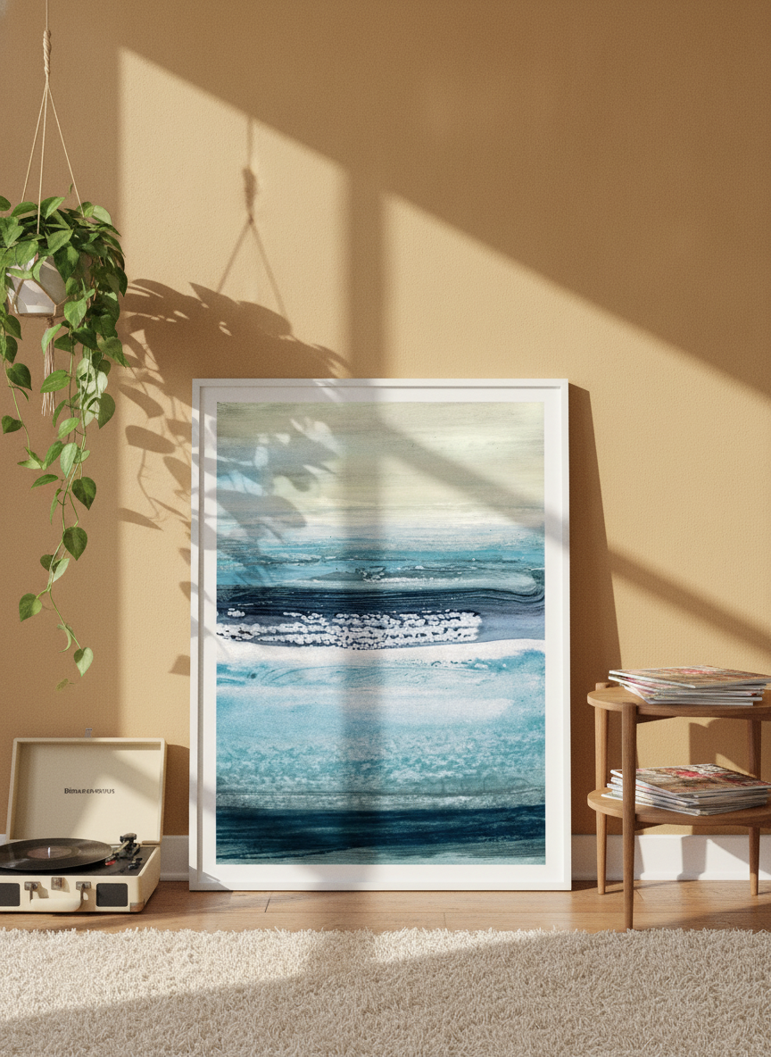 Modern wall art print leaning against the wall in a retro 70s bedroom