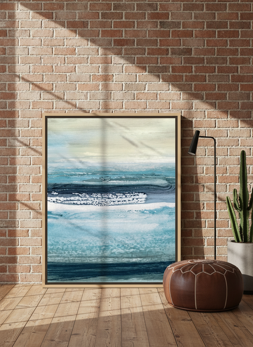 Canvas wall art with a natural timber surround leaning against the wall in an industrial loft home office