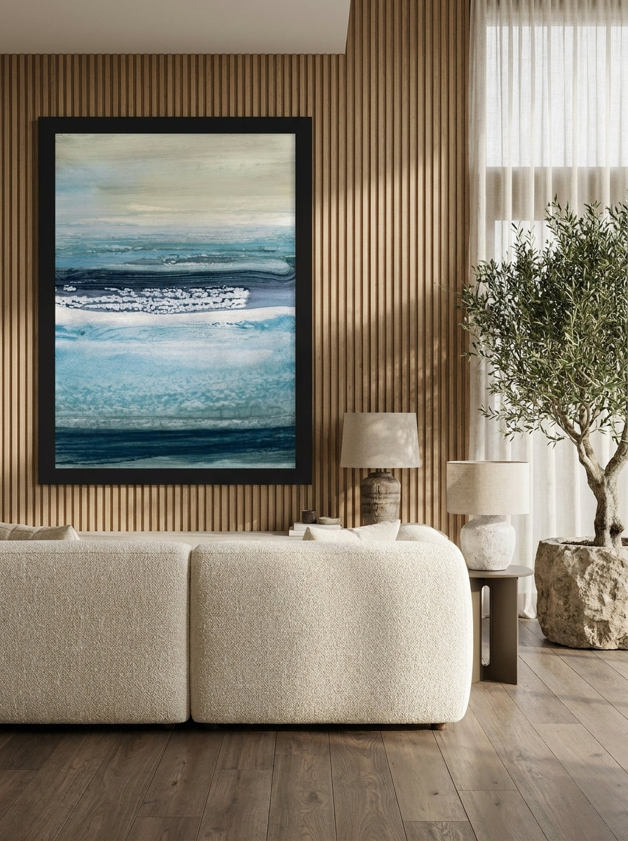 Oversized statement modern wall art print styled on the wall in a luxe living room