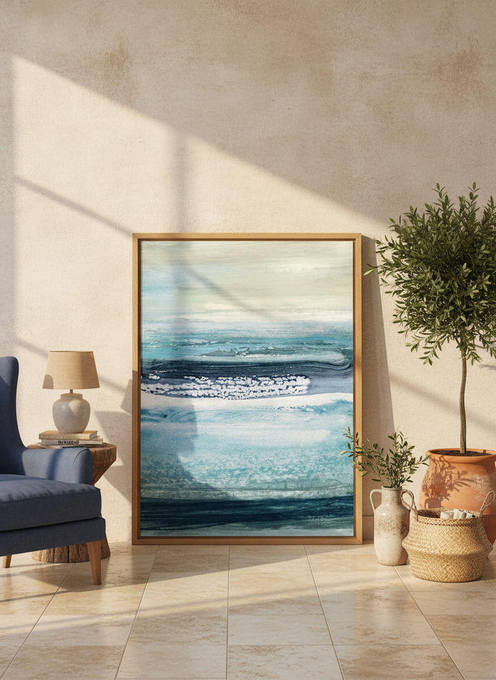 Modern wall art print leaning against the wall in a Mediterranean home office