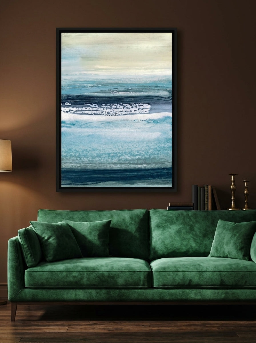 Oversized statement canvas wall art with a black surround styled on the wall in a moody living room
