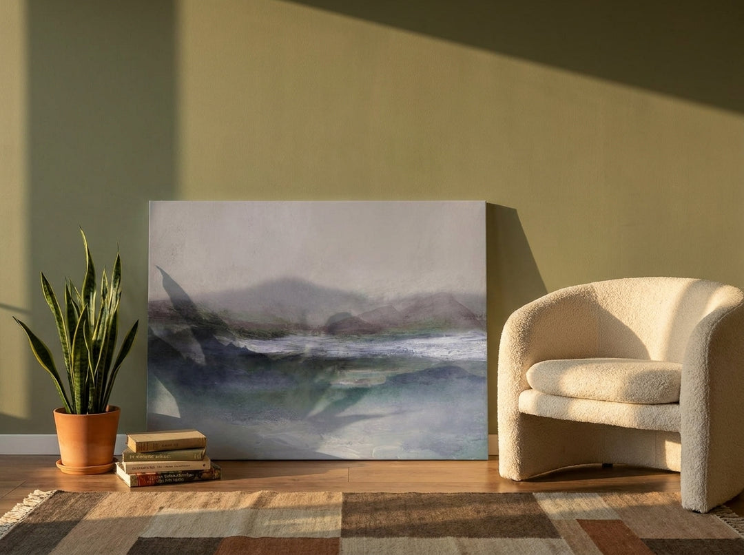 Stretched canvas wall art leaning against the wall in a mid-century home office
