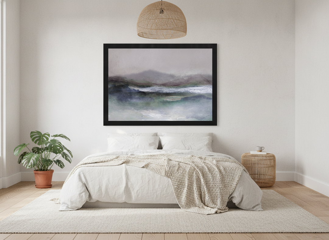 Oversized statement modern wall art print styled on the wall in a bright Scandinavian bedroom