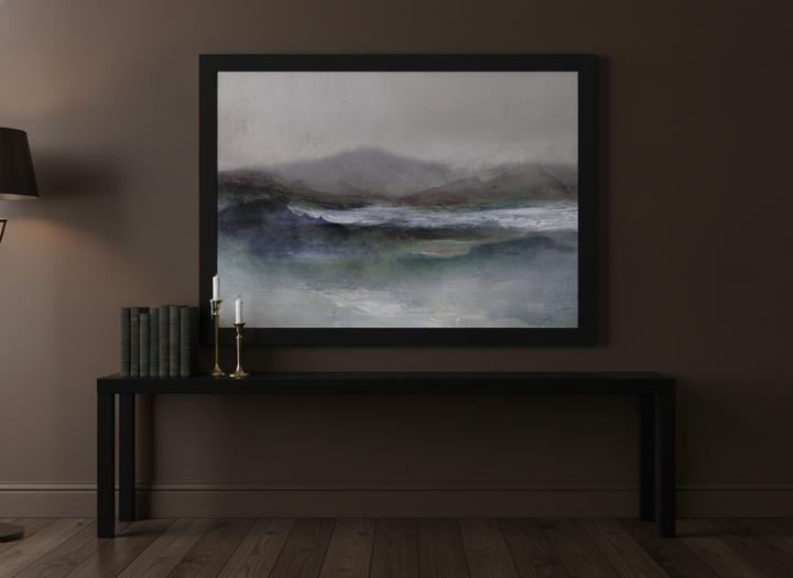 Modern wall art print standing on a console in a moody living room