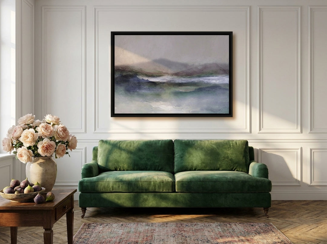 Canvas wall art with a black surround styled on the wall in a Parisian living room