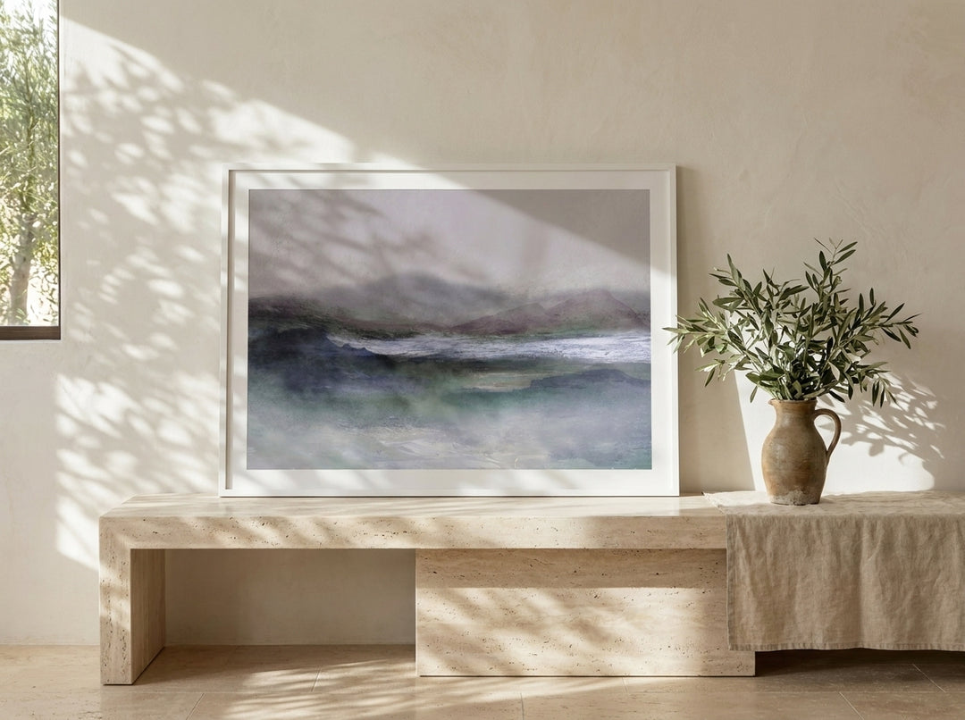 Modern wall art print standing on a console in a Mediterranean bedroom