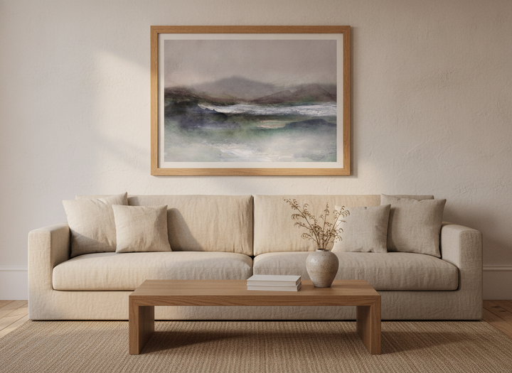 Modern wall art print styled on the wall in a warm Japandi living room