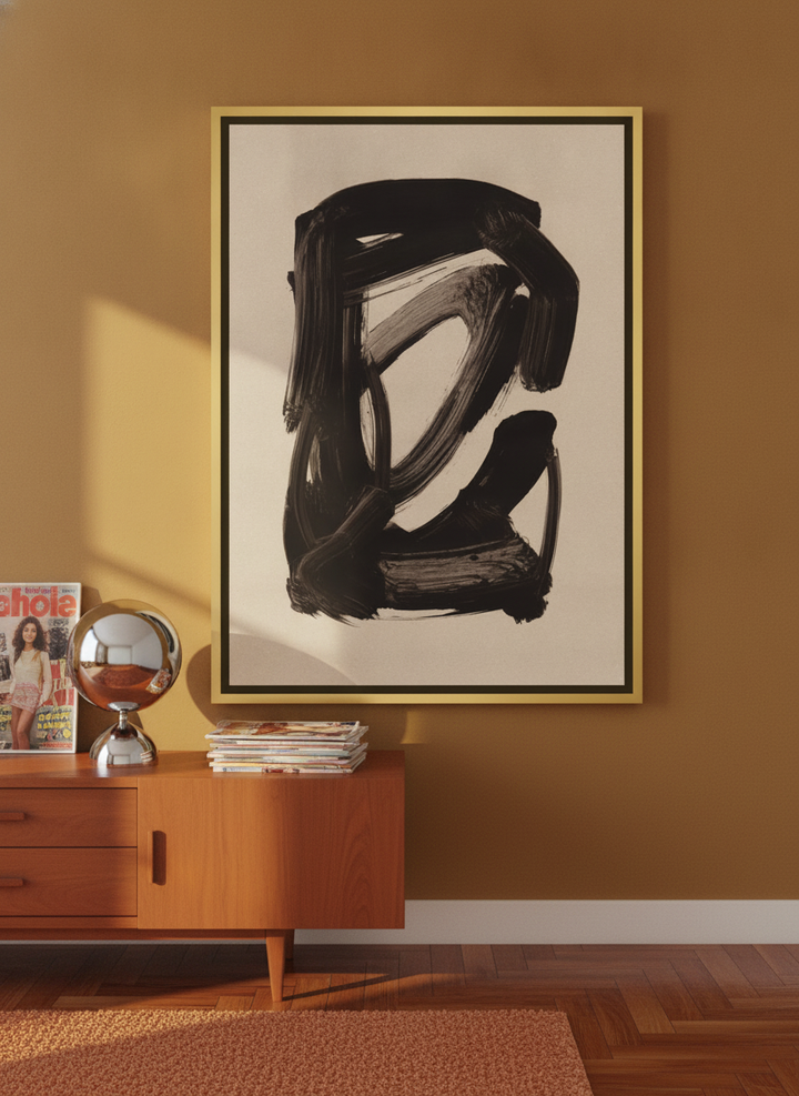 Canvas wall art with a gold leaf surround standing on a sideboard in a retro 70s bedroom